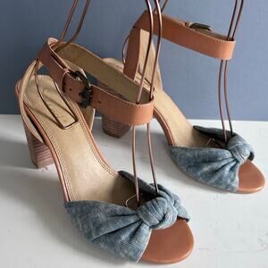 Splendid sandals Size 6 peeptoe pin-up denim bow wrap around strap leather heel